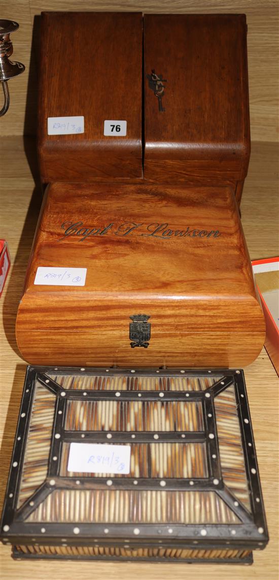 A humidor, an oak stationary box and a Ceylonese porcupine quill box